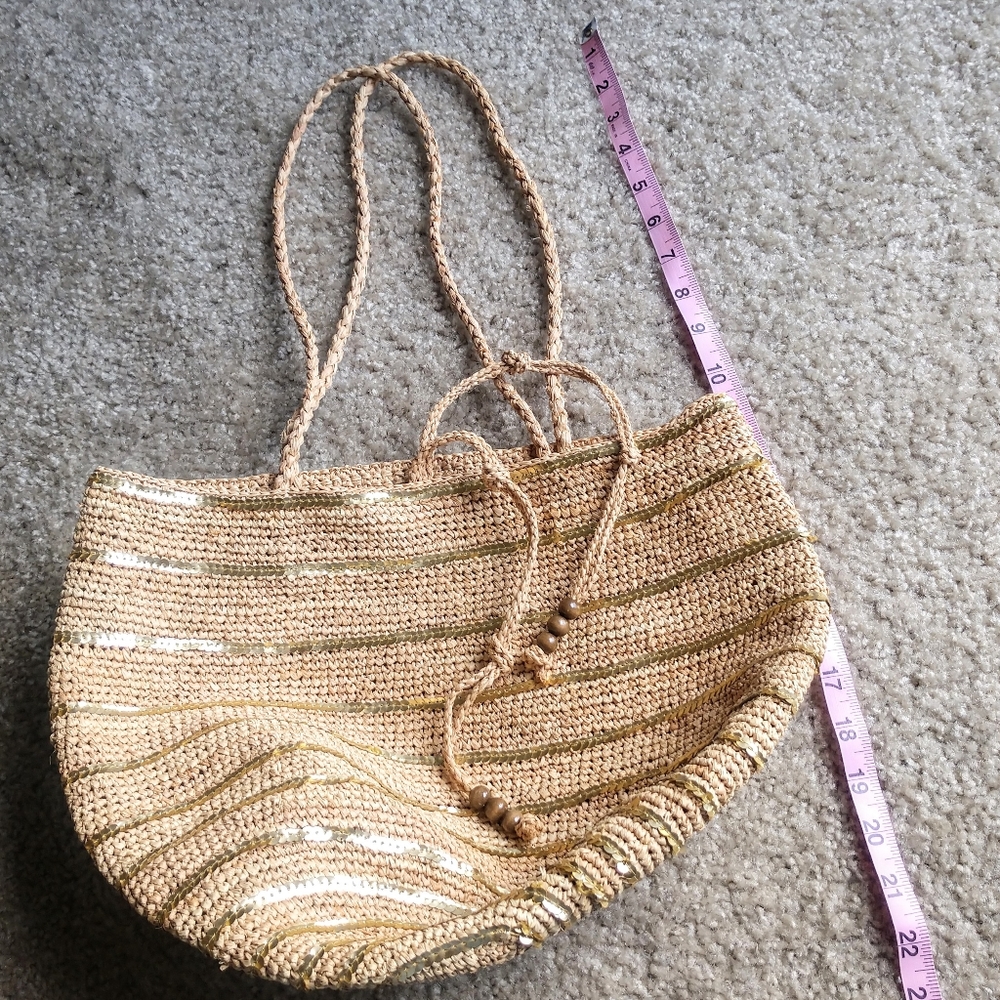 J. Crew Straw Market Basket Woven Wicker Sequins - Picture 3 of 6